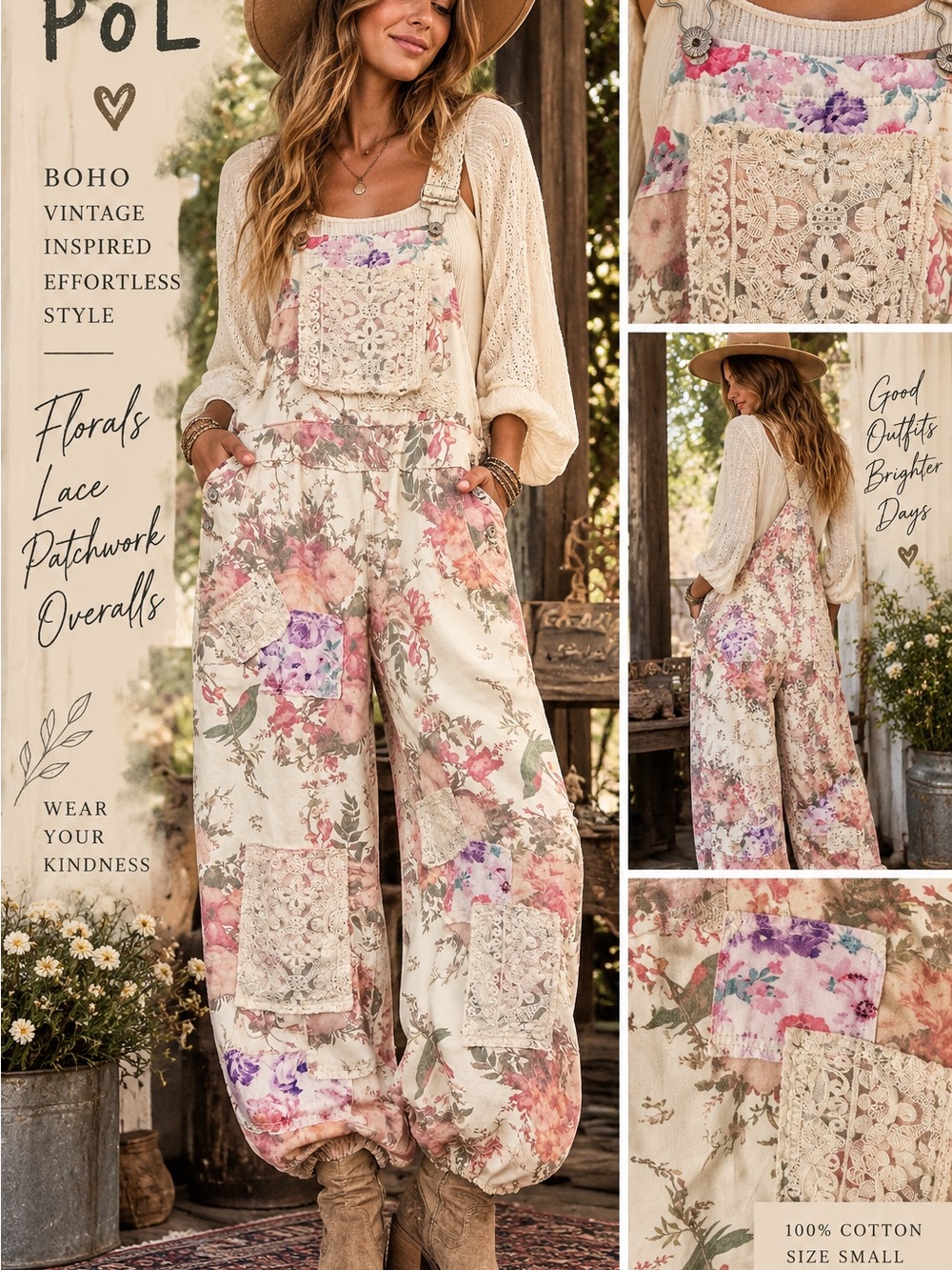 POL Cream Floral Lace Boho Patchwork Jumpsuit, Like NEW!!!